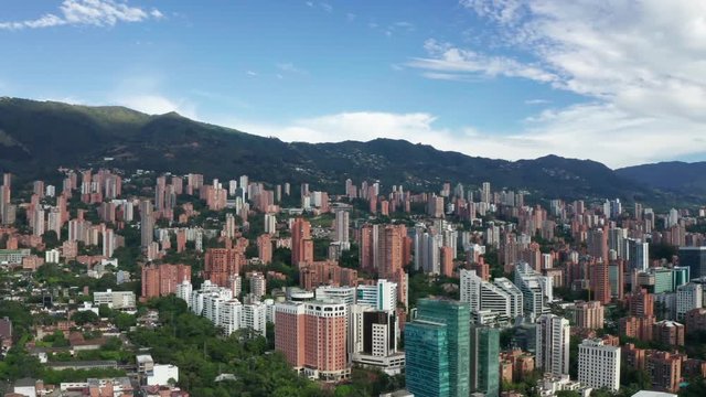 Cimenatic Drone Aerial Of Medellin City Colombia El Poblado Residental and Corporate Buildings Parks Hills And Skyline 4k