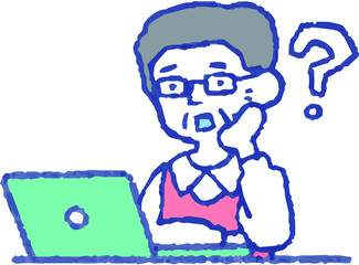 Analog-style Pop illustration of an elderly man using a PC 