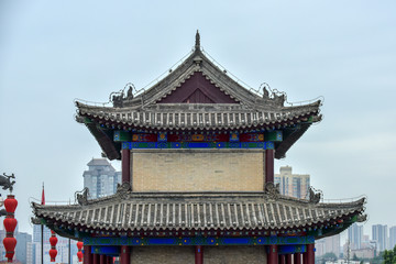 Fototapeta premium Shaanxi ancient city wall and Bell Tower and Drum Tower, Xi'an, China