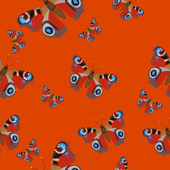 Seamless pattern with butterflies peacock eye. Burgundy butterflies on a red background. Vector image.