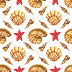 Watercolor seamless retro pattern with seashells and starfishes. Geometric underwater background in gold, red, yellow and brown colors
