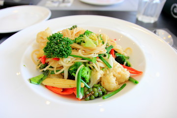 Close up italian spaghetti in white plate.