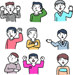 Analog-style illustrations of men emotional expression set