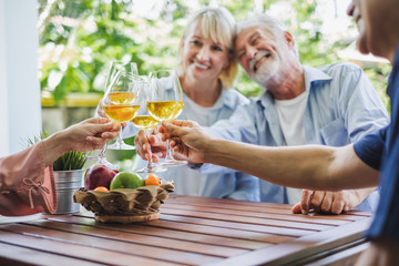Group of senior enjoy party at home, drinking white wine, sing songs to relax