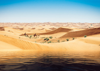 Fototapeta na wymiar Mirage of the water in the Arabian desert. Camels in background