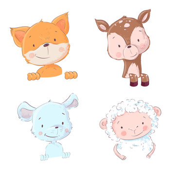 Set of cute forest and home animals - sheep and chanterelle, mouse and deer, vector illustration in cartoon style