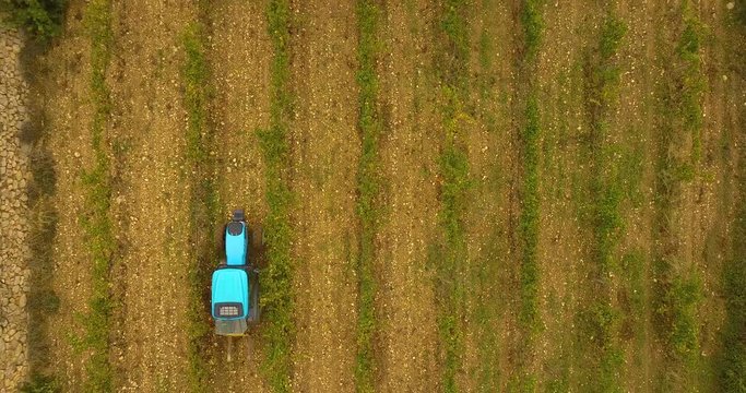 aerial image of tractor seen from above amidst grape plantations in Spain