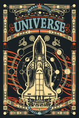 Space shuttle. Symbol of flight to new galaxies. Universe slogan. Sci-fi ornamental print, t-shirt design - obrazy, fototapety, plakaty