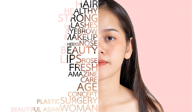 Beautiful Young Asian woman portrait beauty skin care with letters on face. health care ,lifestyle and medical or Cosmetic surgery concept