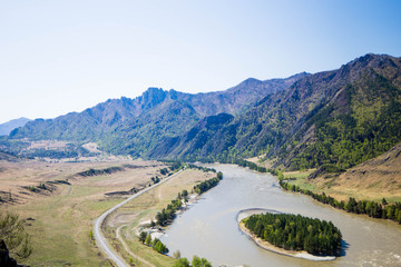 Katun river coast in Altai mountains. Chemal, Altay Republic, Siberia, Russia