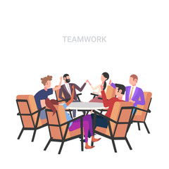 businesspeople group having meeting sitting at round table brainstorming colleagues raising hands successful teamwork concept white background flat full length