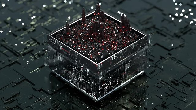 Central processing unit is analyszing data. Computer science fiction concept. Seamless loop 3D render animation with DOF