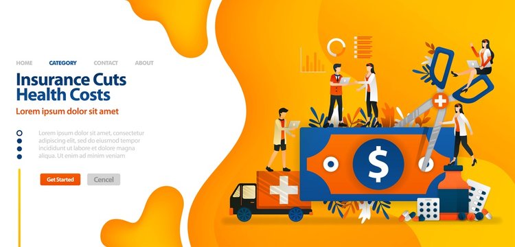 Insurance Cuts Health Costs. Money Cut With Giant Scissors .vector Illustration Concept Can Be Use For Landing Page, Template, Ui Ux, Web, Mobile App, Poster, Banner, Website