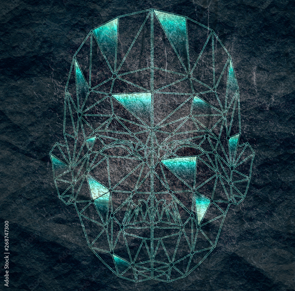 Wall mural human face low polygon. wireframe mash head shape consisting of connected dots and lines. abstract h