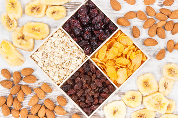 Healthy ingredients as source carbohydrates, vitamins and fiber, nutritious eating concept