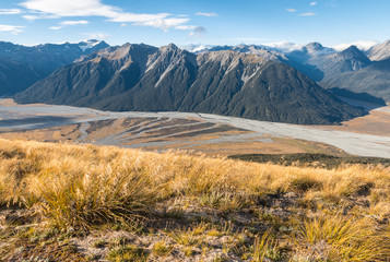 aerial view of Waimakariri River and mountain ranges in Arthur's Pass National Park, South Island, New Zealand