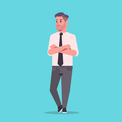 businessman in formal wear folded hands standing pose smiling male cartoon character business man office worker posing flat full length