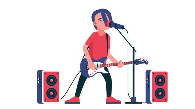 Rock singer with an electric guitar sings into microphone on stage. Rockstar character. Looped animation with alpha channel.