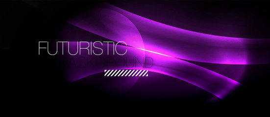 Dark background with neon color waves, vector template