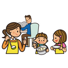 料理の用意をする家族