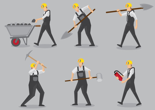 Miner with Work Tools Vector Characters Illustration