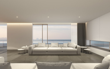 Naklejka na ściany i meble Perspective of modern luxury living room with wood dining table and white sofa on sea view background,Idea of family vacation - warm interior design - 3D rendering.