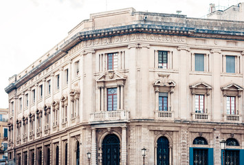 Fototapeta na wymiar Sicily, beautiful cityscape of Italy, historical street of Catania, facade of old buildings .