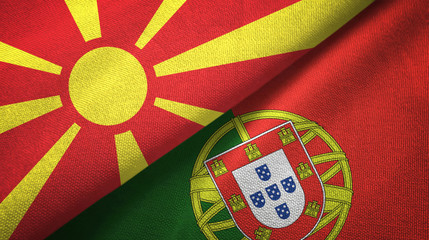 North Macedonia and Portugal two flags textile cloth, fabric texture