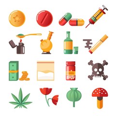 Drugs isolated icons marijuana and heroine cocaine and ecstasy