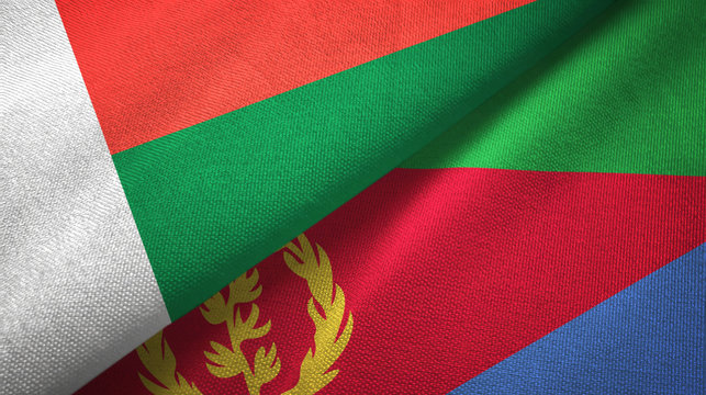 Madagascar and Eritrea two flags textile cloth, fabric texture