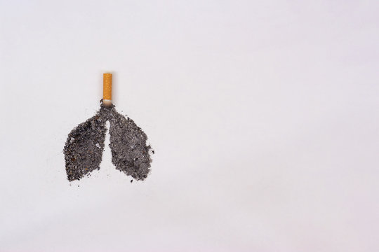 Lungs made of ash and cigarette butt. World No Tobacco Day concept. Smoking is harmful to health. Stop smoking flat lay