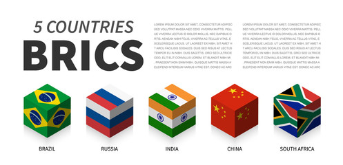 BRICS flag . Association of 5 countries . 3D cubic isometric top design . Vector .
