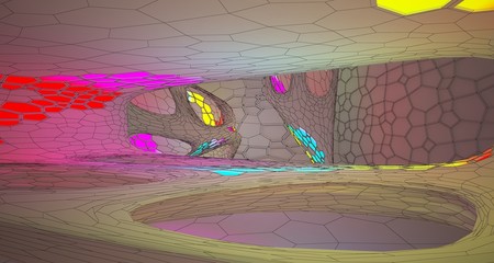 Abstract white Drawing Futuristic Sci-Fi interior With Colored Glowing Neon Tubes . 3D illustration and rendering.