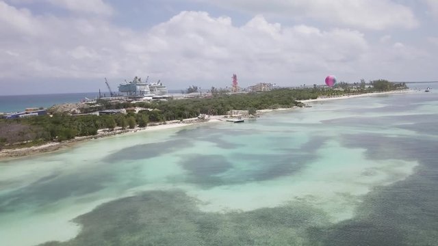 Diagonal drone shot alongside a coast beach on an Island in Bahamas.
