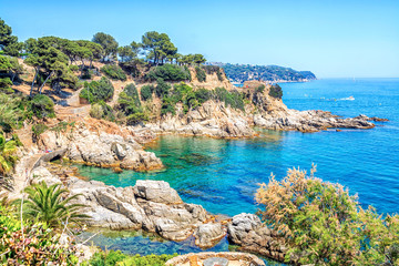 View of beach resort in lloret de Mar in summer sunny day. Costa Brava, Catalonia, Spain