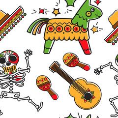 Skeleton and guitar maracas and sombrero pinta seamless pattern