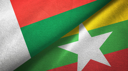 Madagascar and Myanmar two flags textile cloth, fabric texture