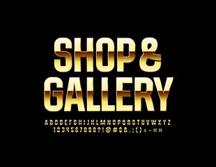 Vector chic emblem Shop & Gallery. Golden shiny Font. Luxury Alphabet Letters, Numbers and Symbols