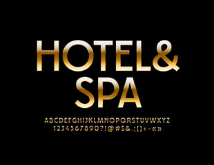 Vector premium emblem Hotel & Spa. Elite Golden Font. Luxury Alphabet Letters, Numbers and Symbols set