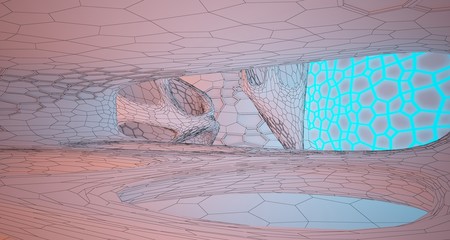 Abstract  white Drawing Futuristic Sci-Fi interior With Orange And Blue Glowing Neon Tubes . 3D illustration and rendering.