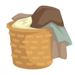 Clothes and linen laundry in wicker basket isolated object