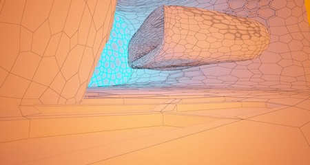 Abstract  white Drawing Futuristic Sci-Fi interior With Orange And Blue Glowing Neon Tubes . 3D illustration and rendering.