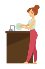 Woman washing dishes in sink daily routine isolated female character