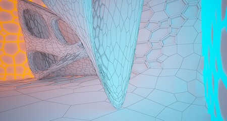 Abstract  white Drawing Futuristic Sci-Fi interior With Orange And Blue Glowing Neon Tubes . 3D illustration and rendering.