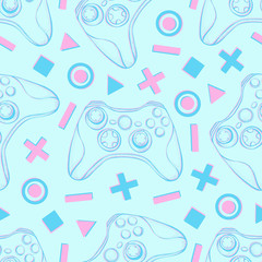Gamepad joystick game controller seamless pattern. Devices for video games, esports, gamer on blue background.  Hand drawn vector in sketch style
