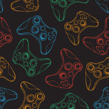 Gamepad joystick game controller seamless pattern. Devices for video games, esports, gamer on black background.  Hand drawn vector in sketch style