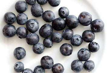 Fresh blueberry berries on a white plate close up. Top view