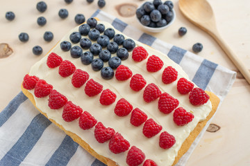 USA Flag Cake, Patriotic 4th of July Dessert on a table