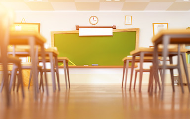 Empty school classroom in cartoon style. Education concept without students. 3d rendering interior illustration. Back to school design template.