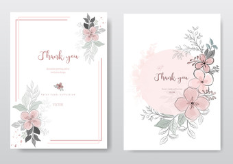 Set of beautiful pink flower with black line card